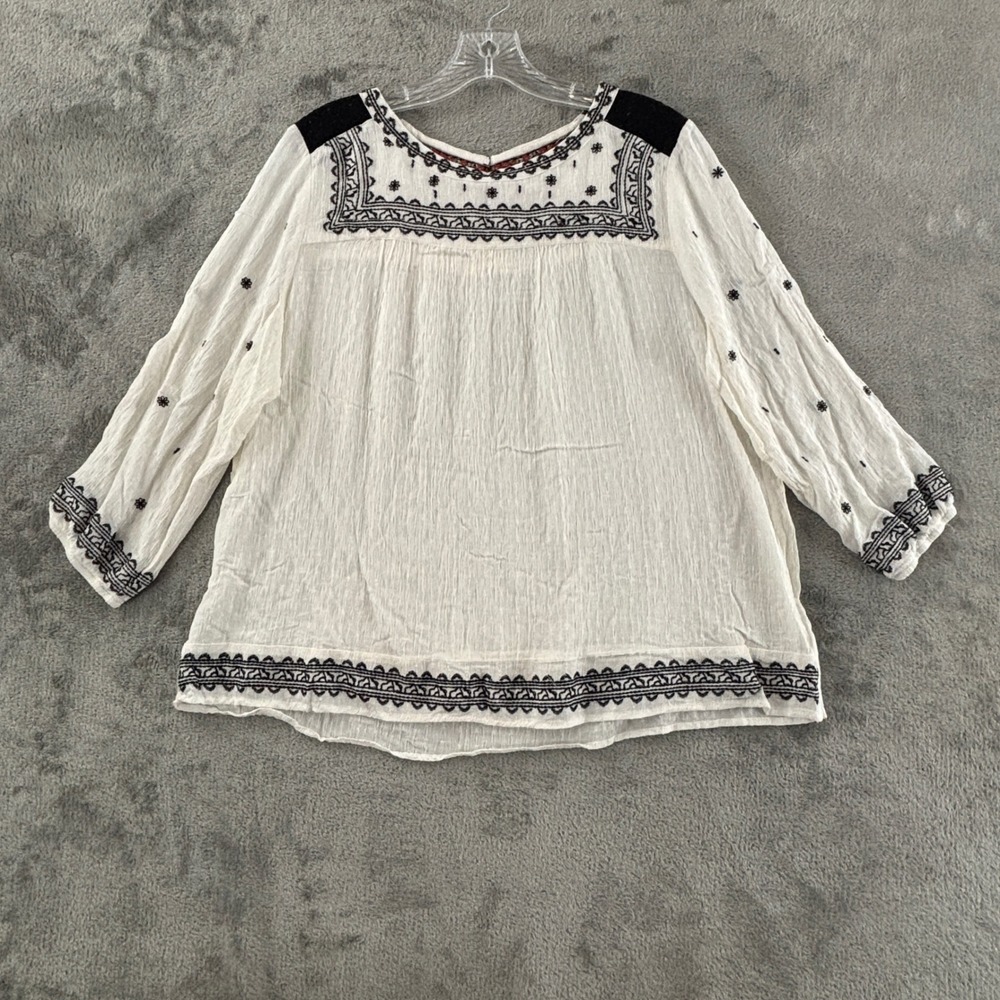 Knox Rose Embroidered Boho Peasant Blouse Women L White Black Top 3/4 Sleeve